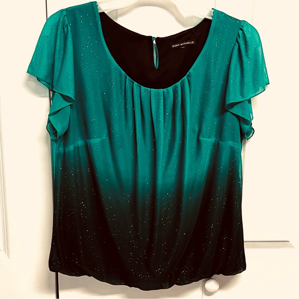 Sara Michelle Green Two Tone Flutter Sleeve Sparkling Blouse Size XL